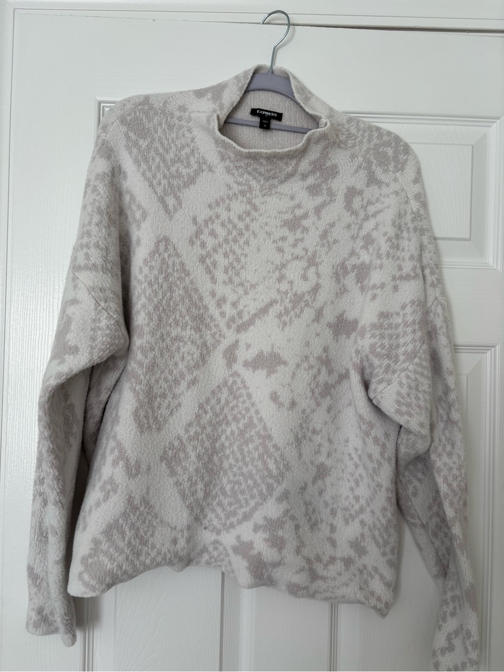 Express Cream and Light Gray Patterned Women's Mock Neck Sweater